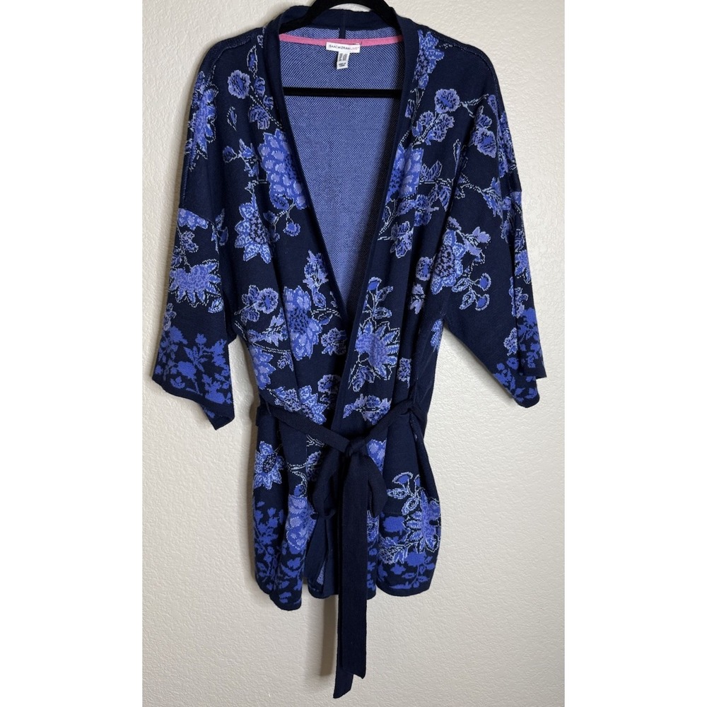 Isaac Mizrahi Womens 2X Cardigan Navy Blue Floral Belted Kimono Wrap Sweater